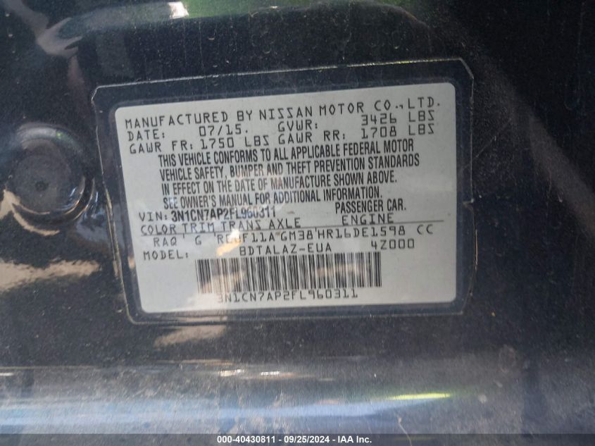 3N1CN7AP2FL960311 2015 Nissan Versa 1.6 S+