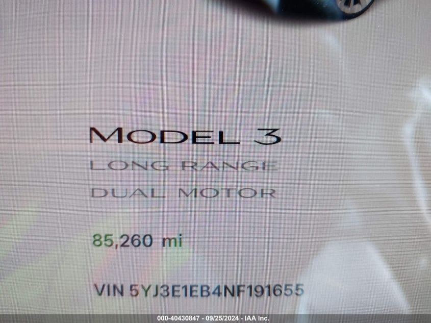 2022 Tesla Model 3 VIN: 5YJ3E1EB4NF191655 Lot: 40430847