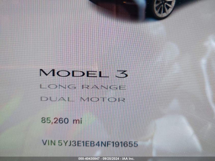 2022 Tesla Model 3 VIN: 5YJ3E1EB4NF191655 Lot: 40430847