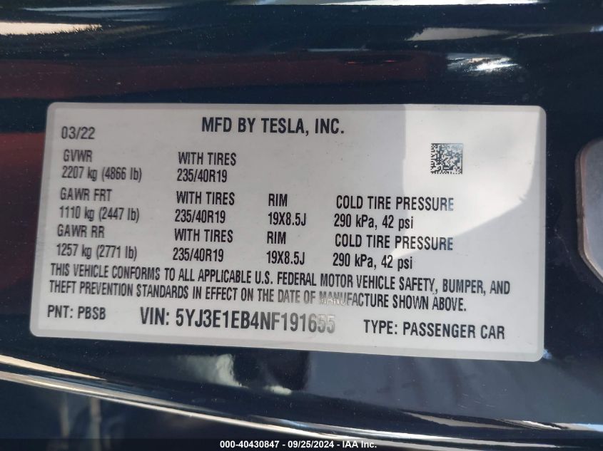 2022 Tesla Model 3 VIN: 5YJ3E1EB4NF191655 Lot: 40430847