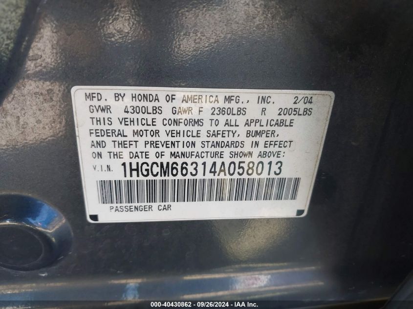 1HGCM66314A058013 2004 Honda Accord Lx