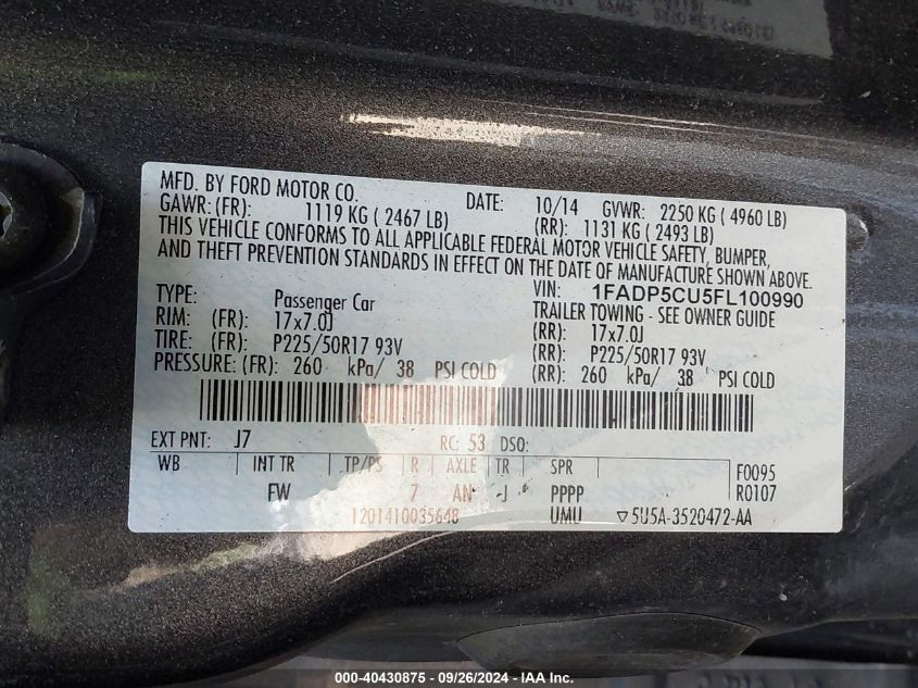 1FADP5CU5FL100990 2015 Ford C-Max Energi Premium Sel