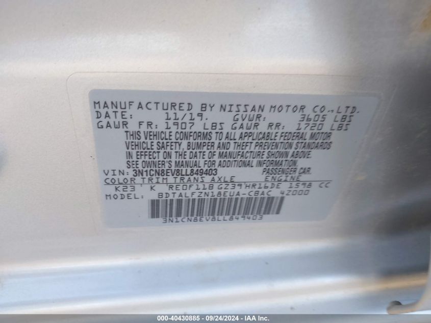 3N1CN8EV8LL849403 2020 Nissan Versa Sv Xtronic Cvt