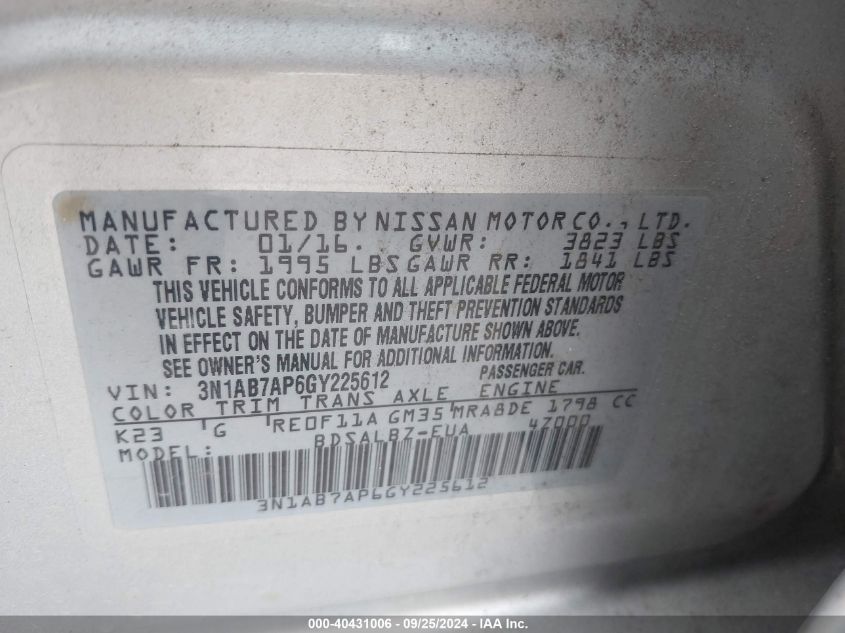 3N1AB7AP6GY225612 2016 Nissan Sentra S