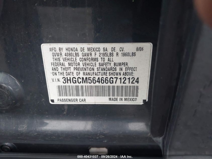 3HGCM56466G712124 2006 Honda Accord 2.4 Lx