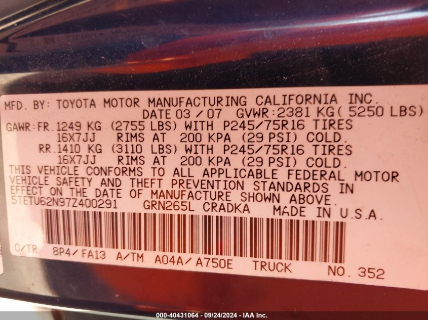 5TETU62N97Z400291 2007 Toyota Tacoma Prerunner V6