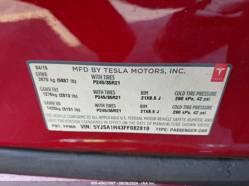 5YJSA1H43FF082819 2015 Tesla Model S 85D/P85D