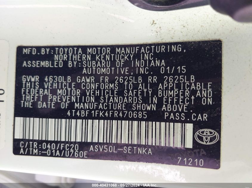 4T4BF1FK4FR470685 2015 Toyota Camry Le