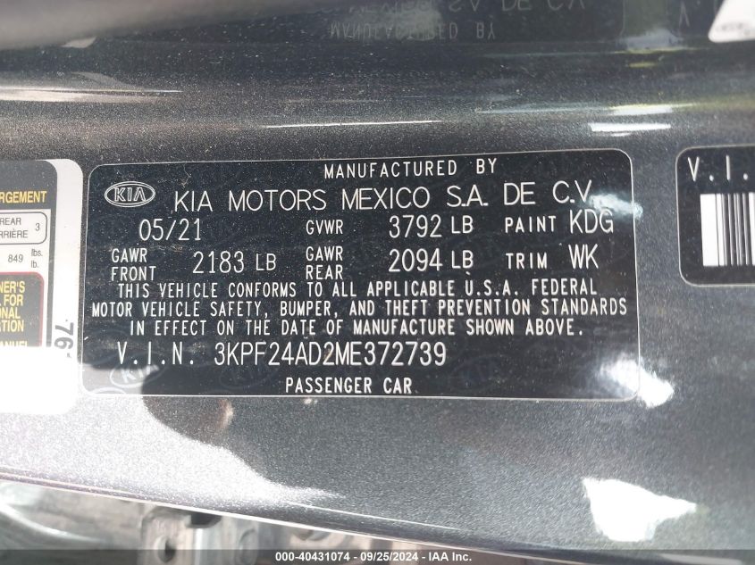 2021 Kia Forte Lxs VIN: 3KPF24AD2ME372739 Lot: 40431074