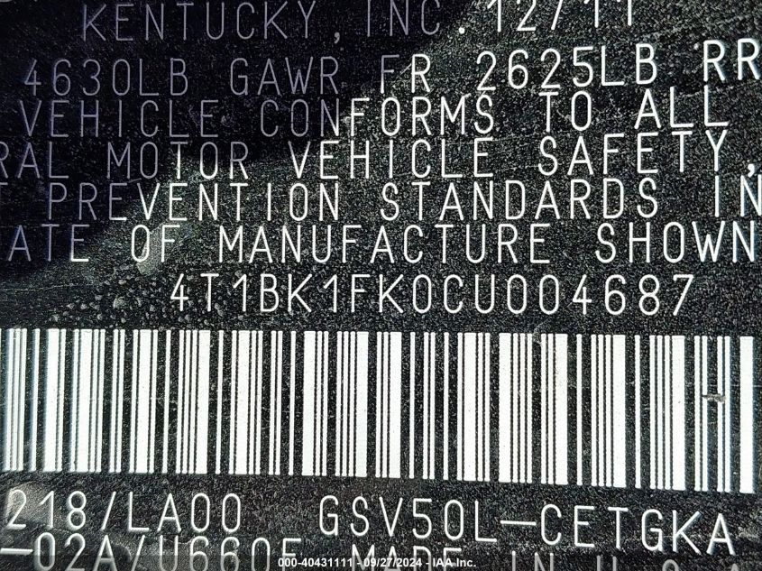 4T1BK1FK0CU004687 2012 Toyota Camry Xle V6