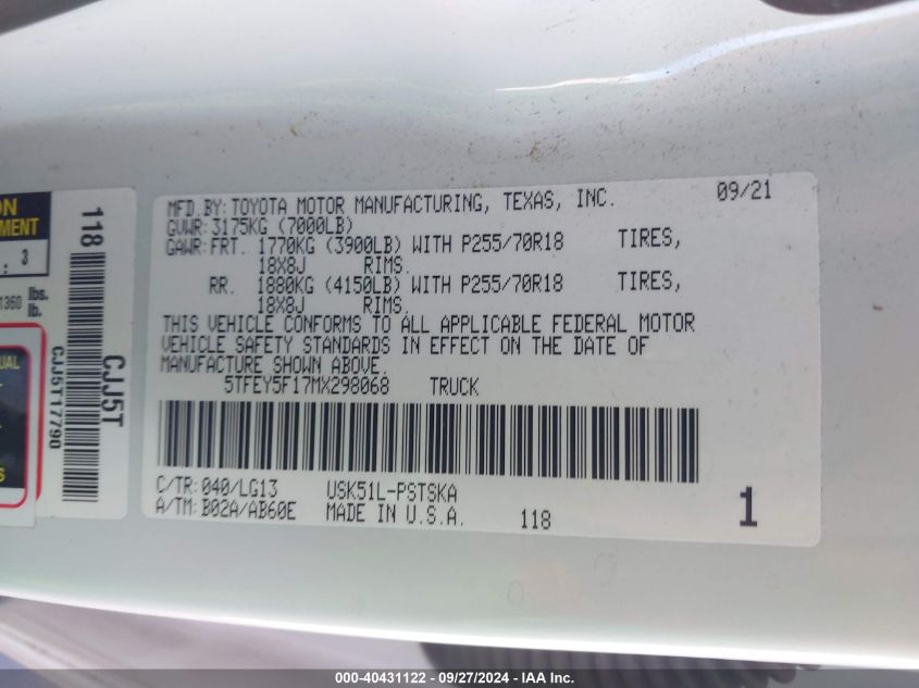 2021 Toyota Tundra Sr5 VIN: 5TFEY5F17MX298068 Lot: 40431122