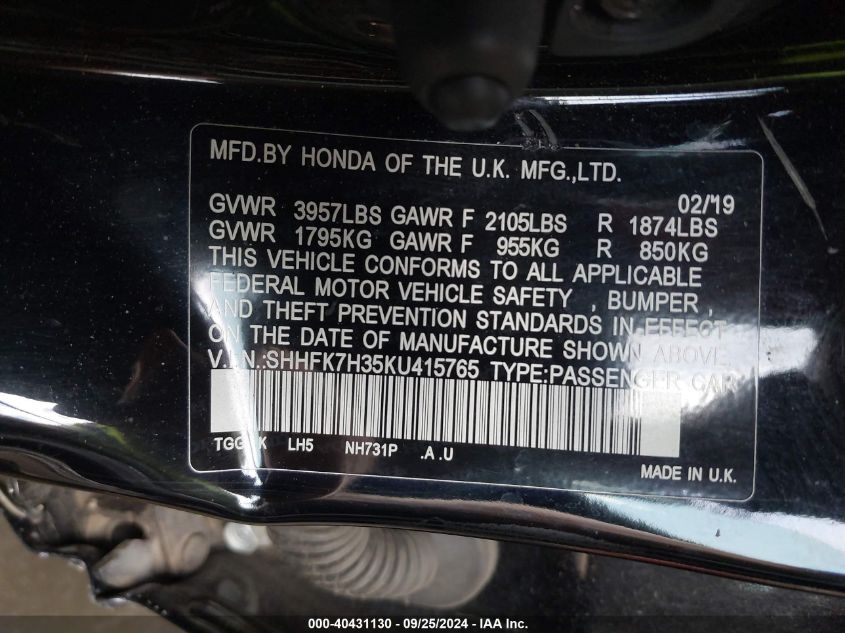 SHHFK7H35KU415765 2019 Honda Civic Lx