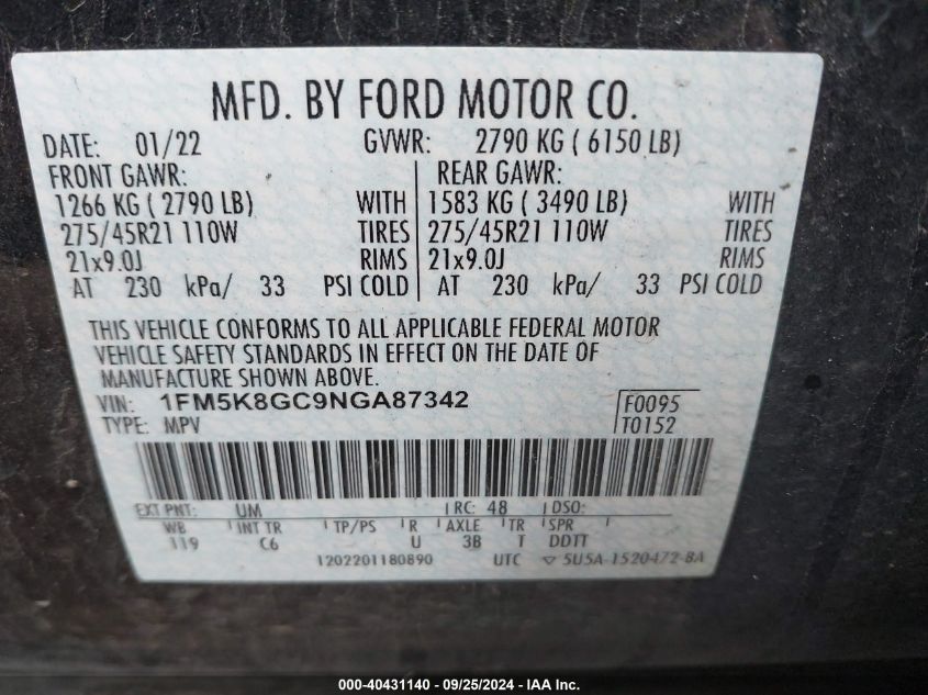 1FM5K8GC9NGA87342 2022 Ford Explorer St