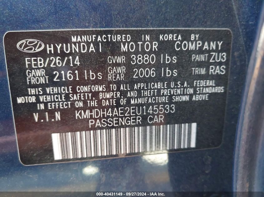 2014 Hyundai Elantra Se VIN: KMHDH4AE2EU145533 Lot: 40431149