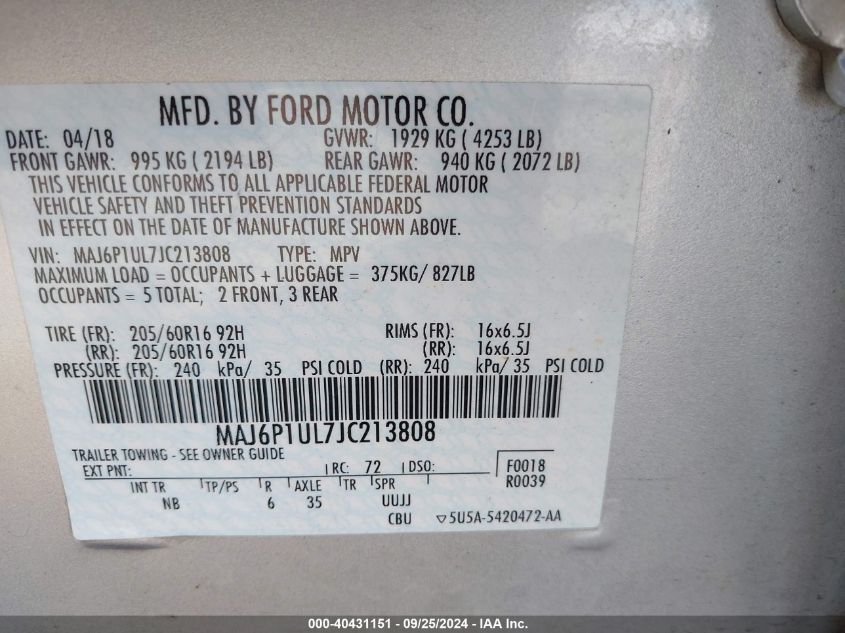 MAJ6P1UL7JC213808 2018 Ford Ecosport Se