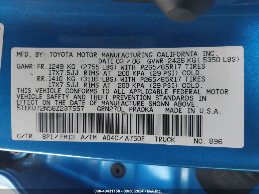 2006 Toyota Tacoma Dbl Cab Prerunner Lng Bed VIN: 5TEKU72N56Z237557 Lot: 40431158