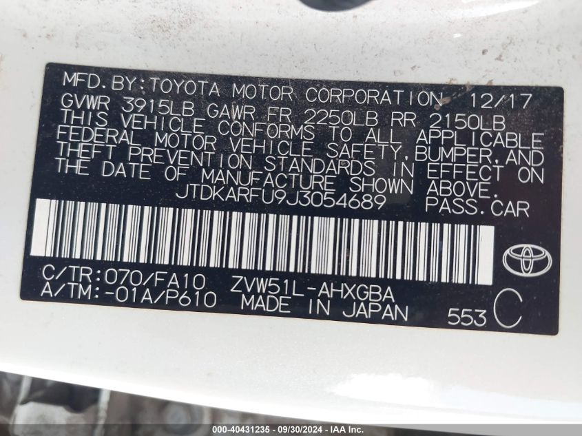 2018 Toyota Prius Three VIN: JTDKARFU9J3054689 Lot: 40431235