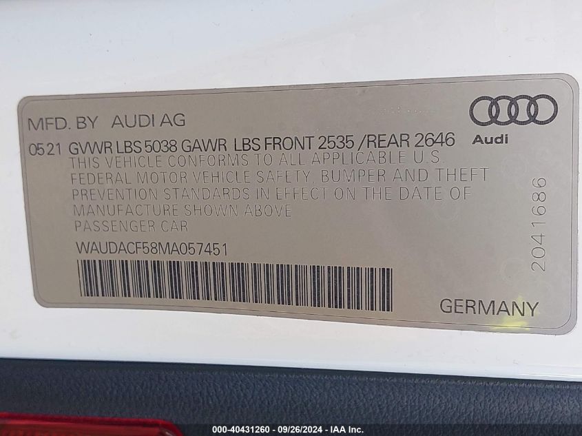 2021 Audi A5 Premium 45 VIN: WAUDACF58MA057451 Lot: 40431260