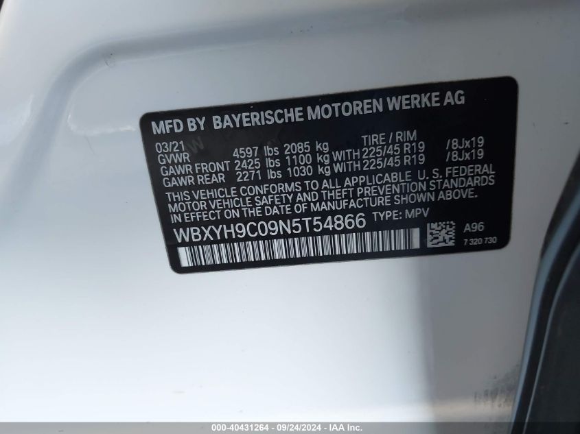 2022 BMW X2 Sdrive28I VIN: WBXYH9C09N5T54866 Lot: 40431264