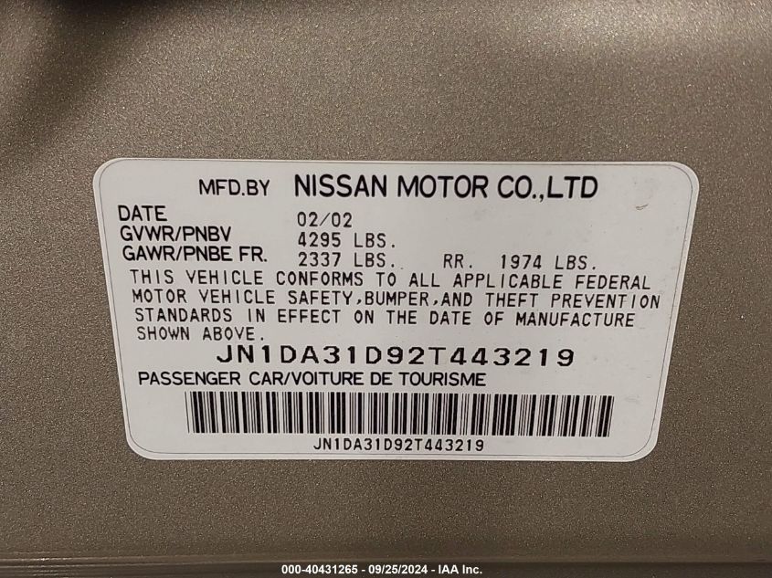 JN1DA31D92T443219 2002 Nissan Maxima Gle