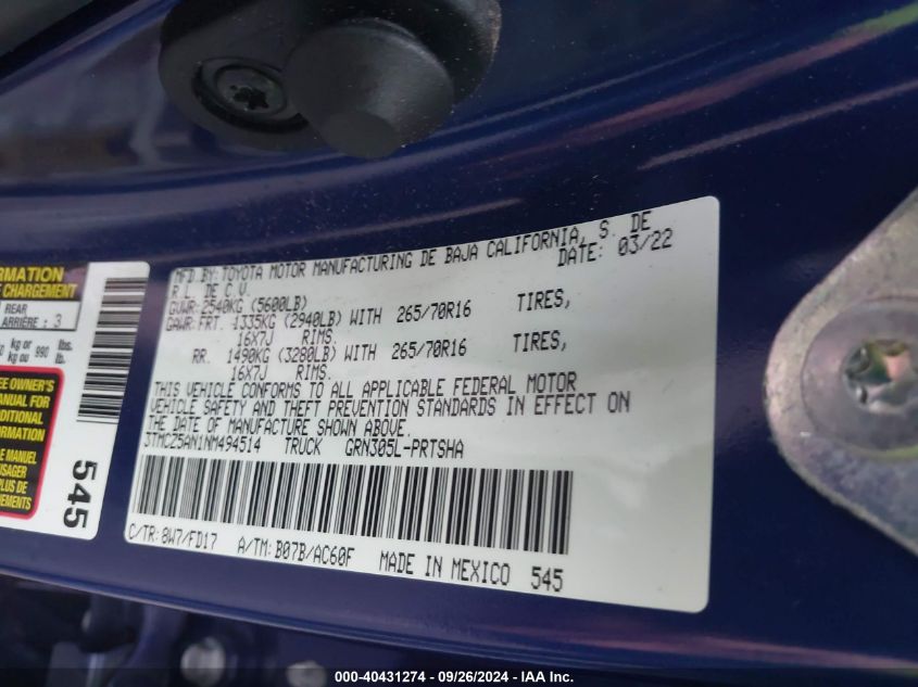 2022 Toyota Tacoma Double Cab/Sr/Sr5/Trd Sport/Trd Off Road/Trd Pro VIN: 3TMCZ5AN1NM494514 Lot: 40431274