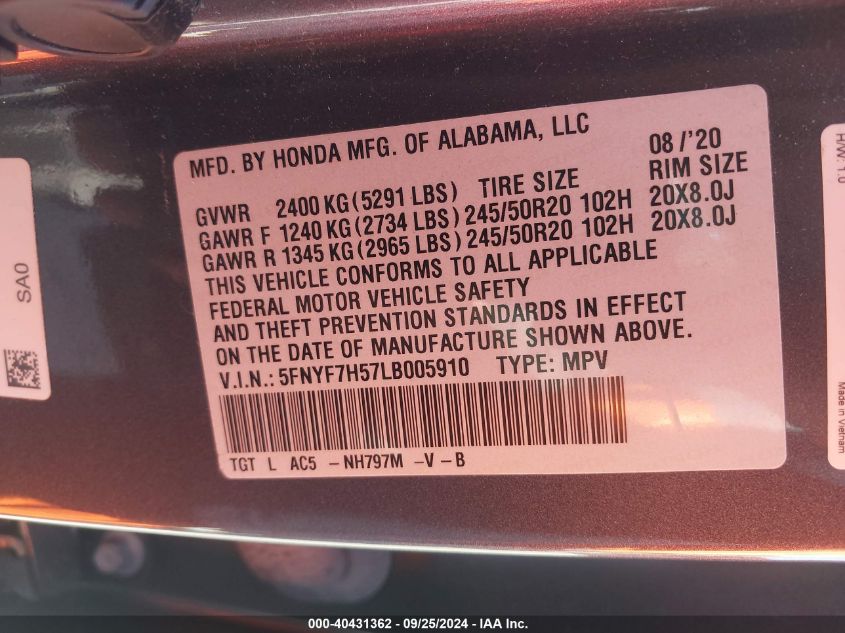 5FNYF7H57LB005910 2020 Honda Passport 2Wd Ex-L