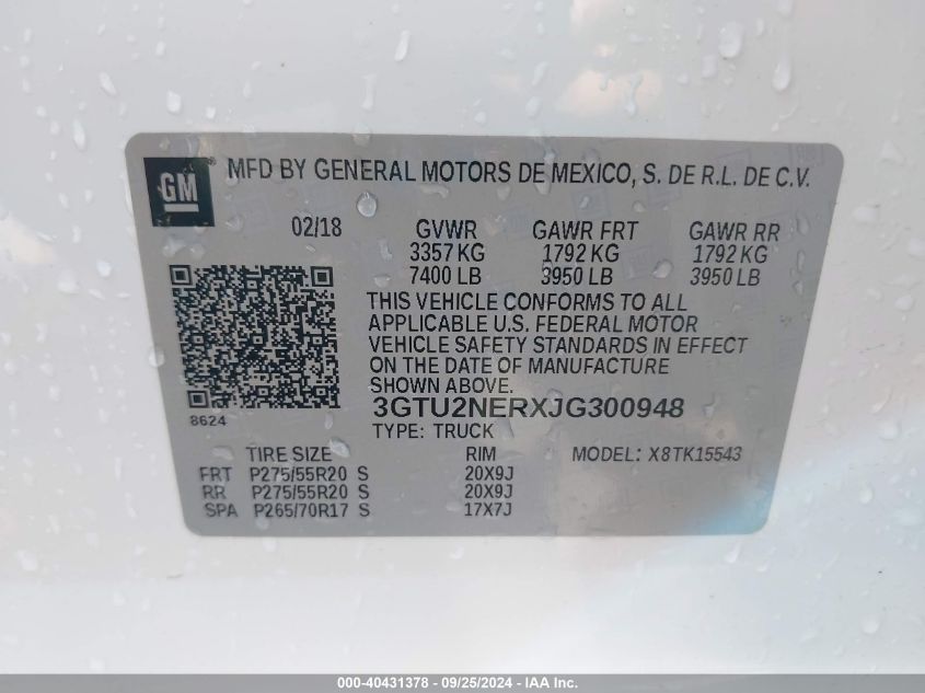 3GTU2NERXJG300948 2018 GMC Sierra 1500 Slt