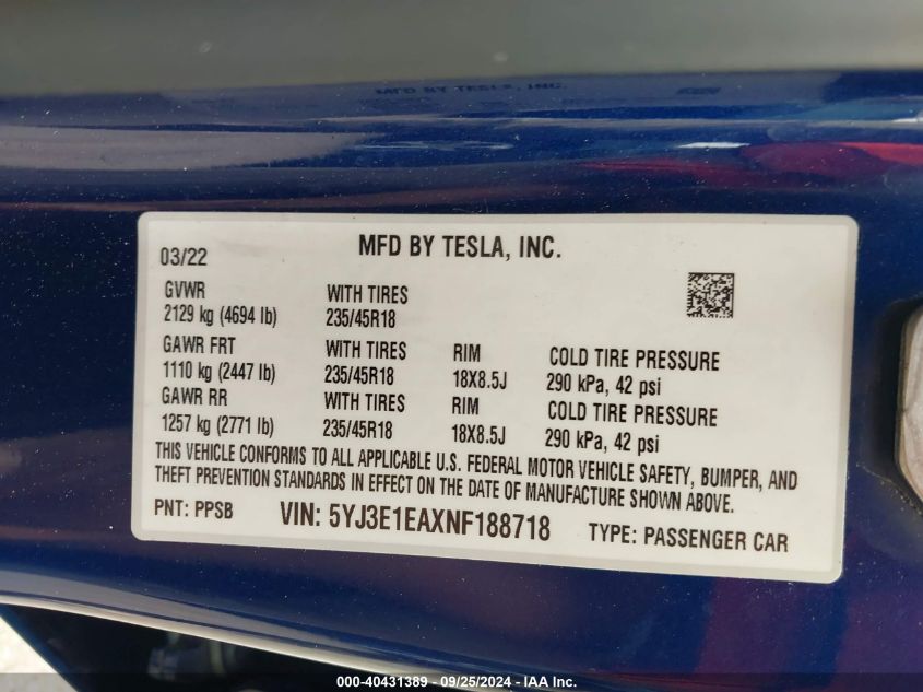 2022 Tesla Model 3 VIN: 5YJ3E1EAXNF188718 Lot: 40431389