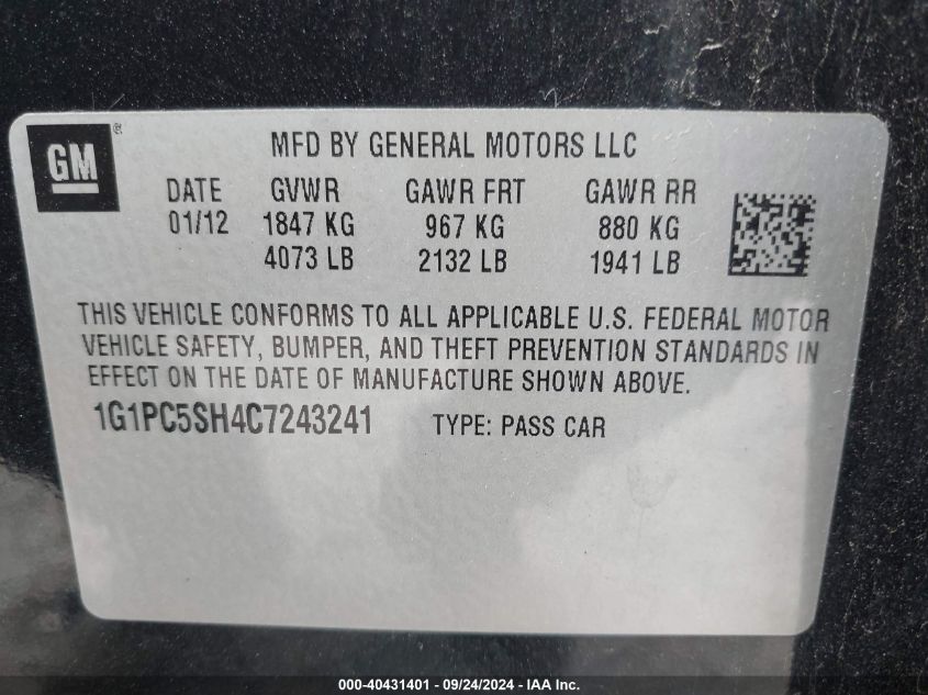 1G1PC5SH4C7243241 2012 Chevrolet Cruze Ls