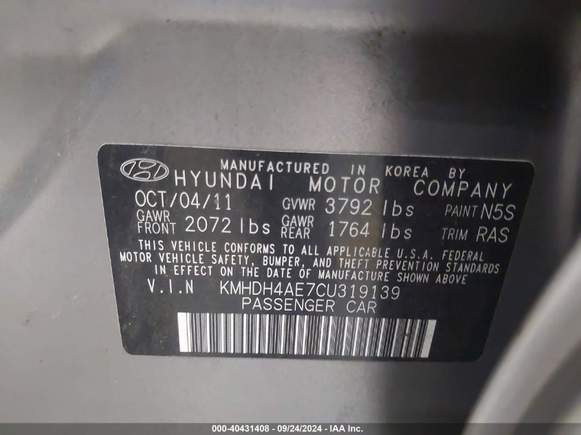 2012 Hyundai Elantra Limited (Ulsan Plant) VIN: KMHDH4AE7CU319139 Lot: 40431408