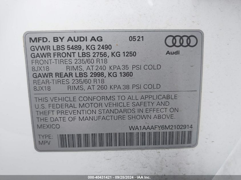 2021 Audi Q5 Premium 45 Tfsi Quattro S Tronic VIN: WA1AAAFY6M2102914 Lot: 40431421