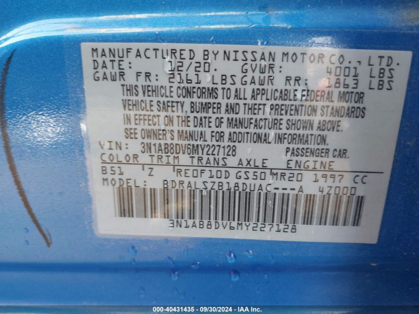 2021 Nissan Sentra Sr Xtronic Cvt VIN: 3N1AB8DV6MY227128 Lot: 40431435