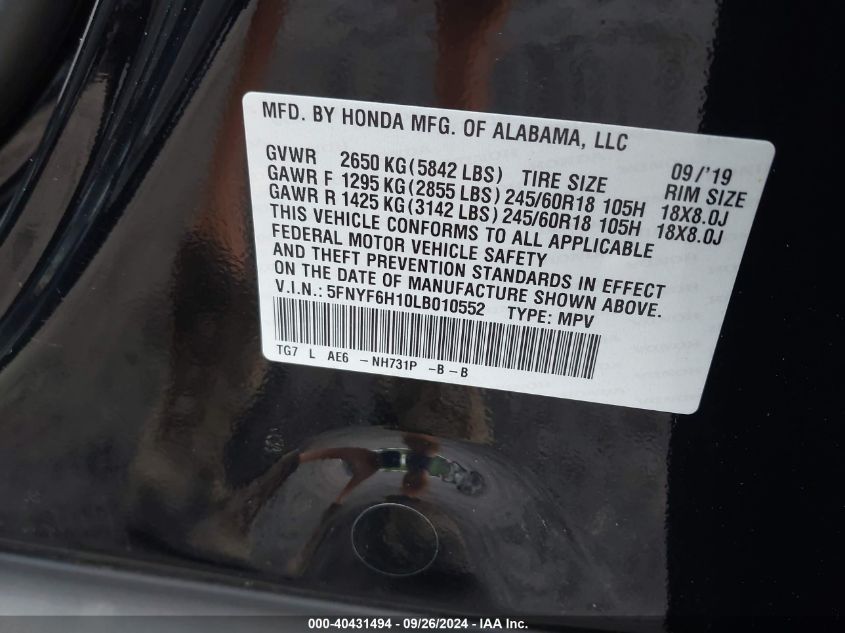 5FNYF6H10LB010552 2020 Honda Pilot Lx