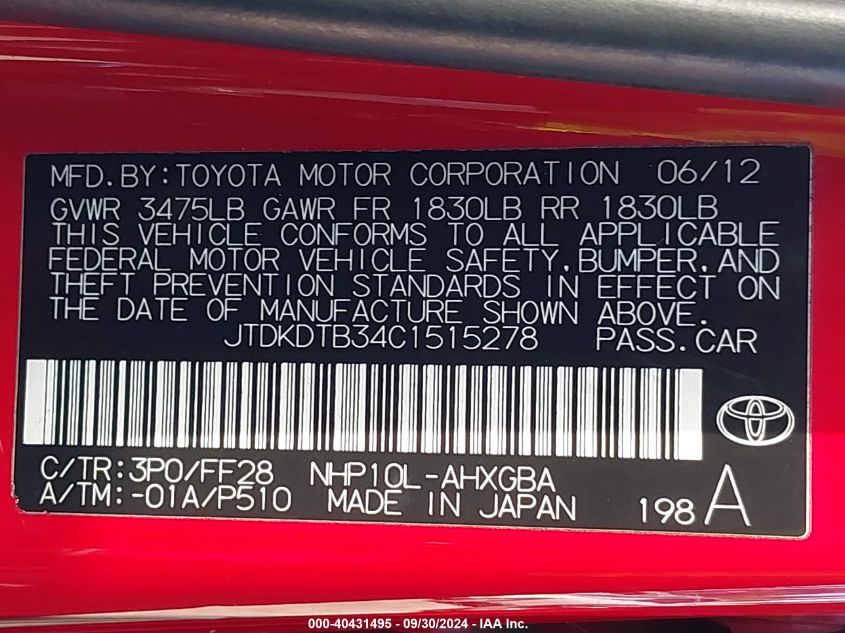 JTDKDTB34C1515278 2012 Toyota Prius C One/Two/Three/Four