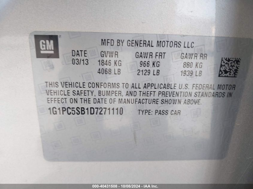 1G1PC5FV1Z7271110 2013 Chevrolet Cruze