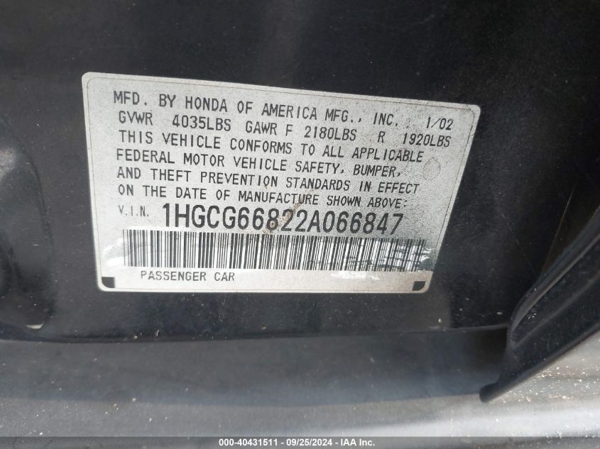 1HGCG66822A066847 2002 Honda Accord 2.3 Ex/2.3 Se