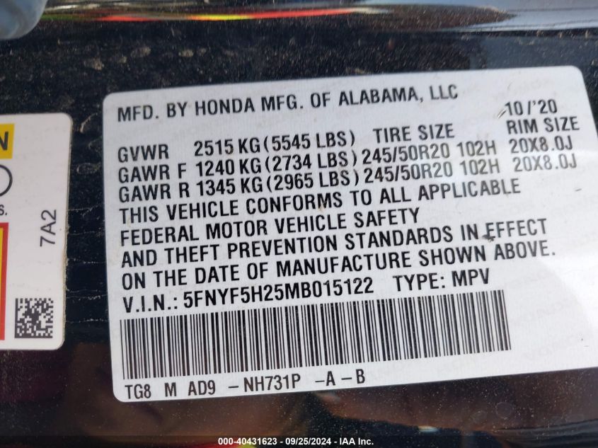 5FNYF5H25MB015122 2021 Honda Pilot 2Wd Special Edition