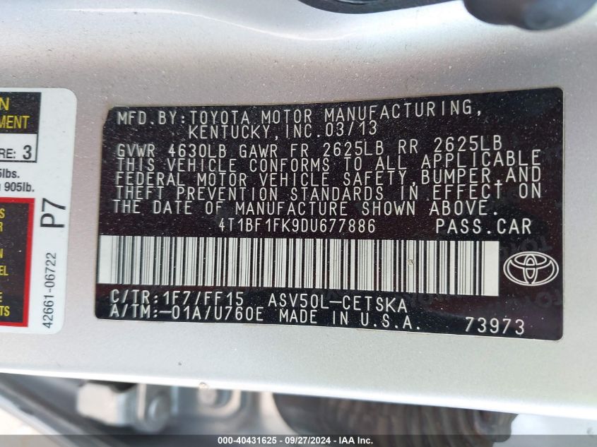 2013 Toyota Camry Se VIN: 4T1BF1FK9DU677886 Lot: 40431625