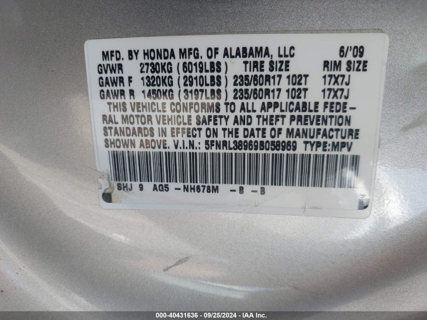 2009 Honda Odyssey Touring VIN: 5FNRL38969B058969 Lot: 40431636