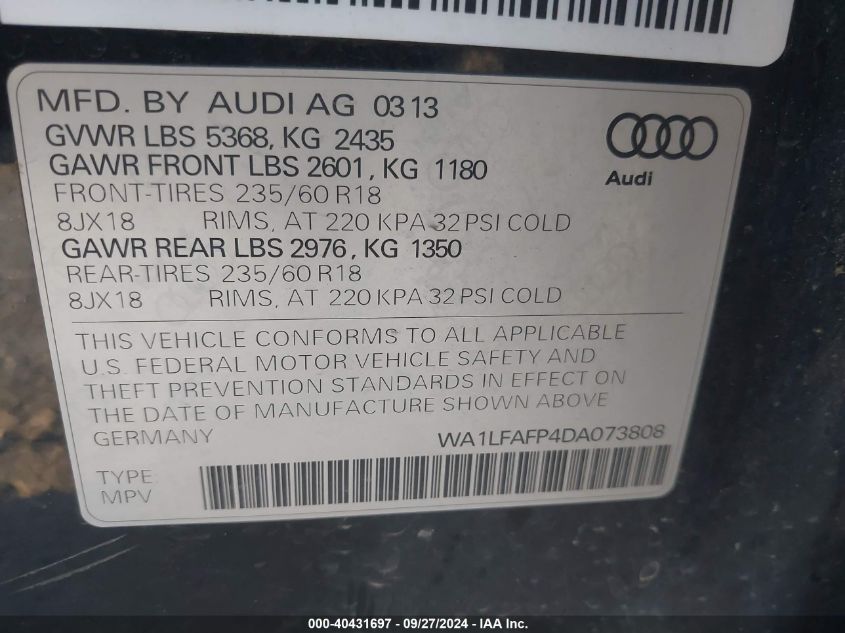 2013 Audi Q5 2.0T Premium VIN: WA1LFAFP4DA073808 Lot: 40431697