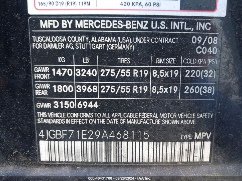 4JGBF71E29A468115 2009 Mercedes-Benz Gl 450 4Matic