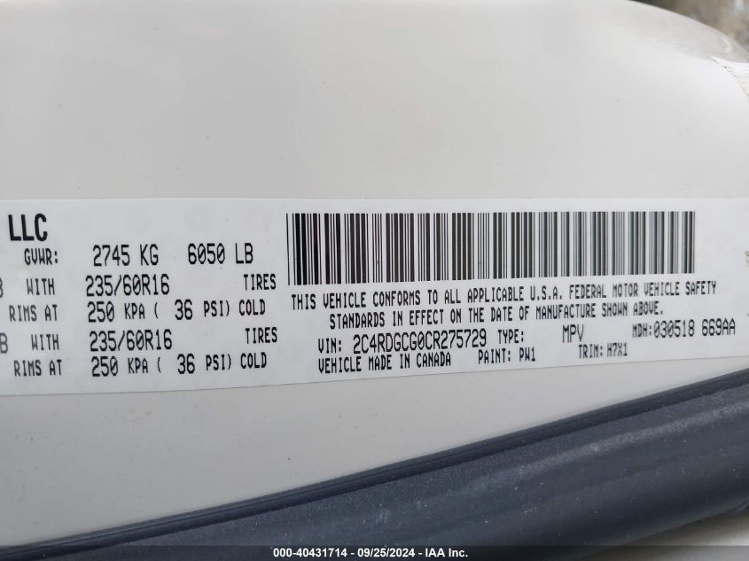 2012 Dodge Grand Caravan Sxt VIN: 2C4RDGCG0CR275729 Lot: 40431714