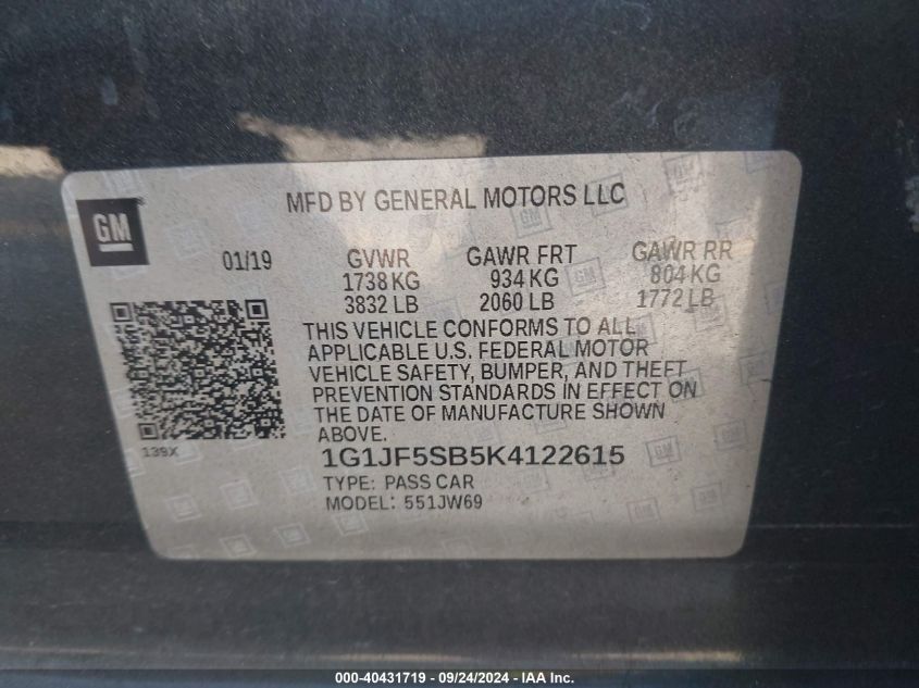 1G1JF5SB5K4122615 2019 Chevrolet Sonic Premier