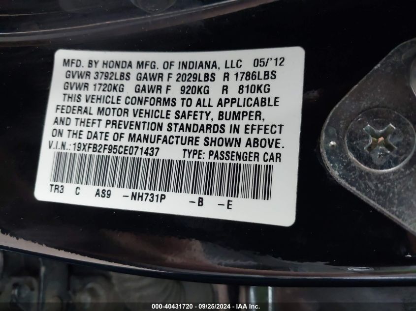 19XFB2F95CE071437 2012 Honda Civic Ex-L