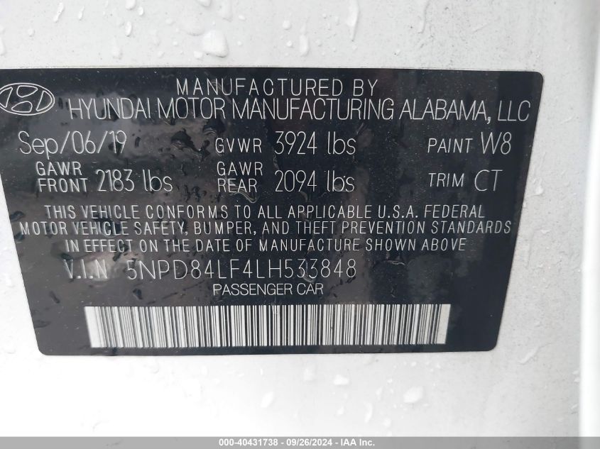 2020 Hyundai Elantra Sel VIN: 5NPD84LF4LH533848 Lot: 40431738