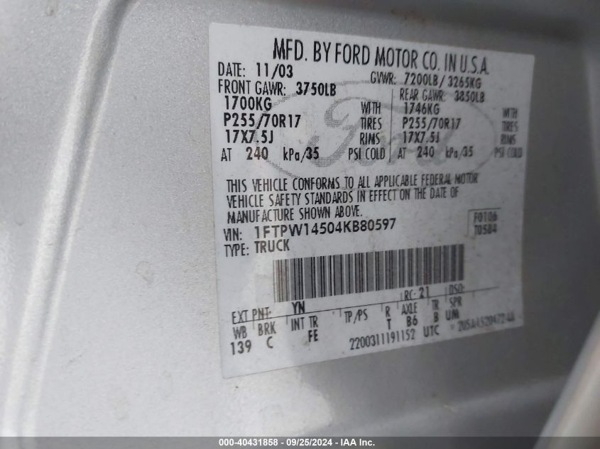 2004 Ford F-150 Fx4/Lariat/Xlt VIN: 1FTPW14504KB80597 Lot: 40431858