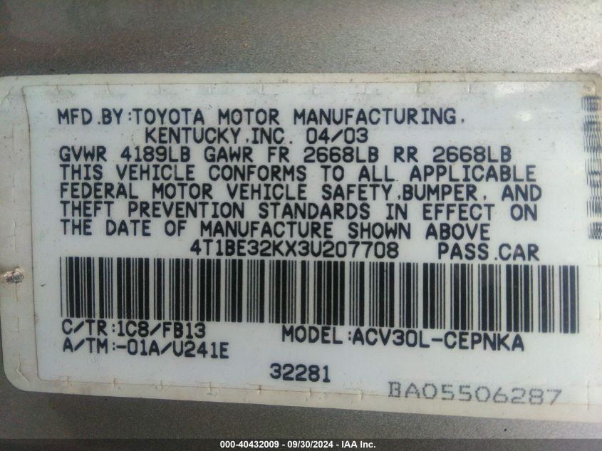 4T1BE32KX3U207708 2003 Toyota Camry Le