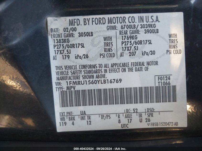 1FMRU1560YLB16769 2000 Ford Expedition Xlt