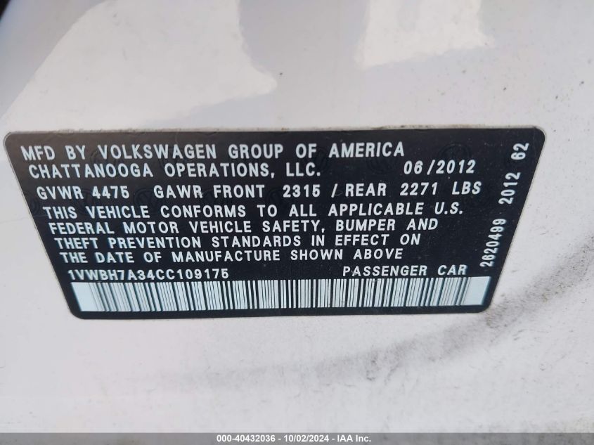 2012 Volkswagen Passat 2.5L Se VIN: 1VWBH7A34CC109175 Lot: 40432036