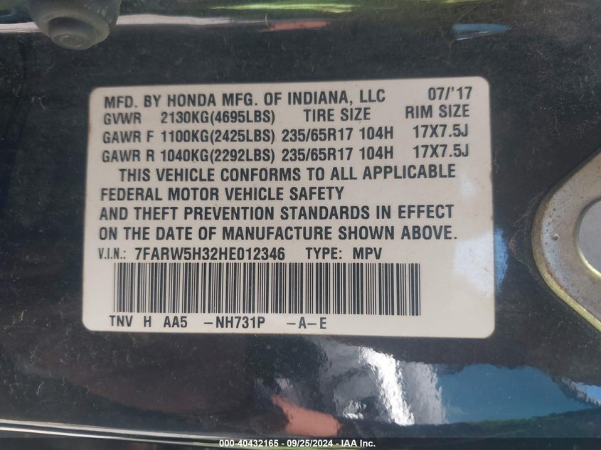 VIN 7FARW5H32HE012346 2017 HONDA CR-V LX